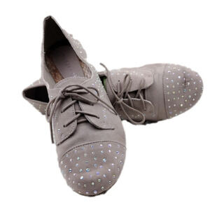 Madden Girl Julissa Taupe Faux Suede Iridescent Rhinestone Lace Up Flat Loafer